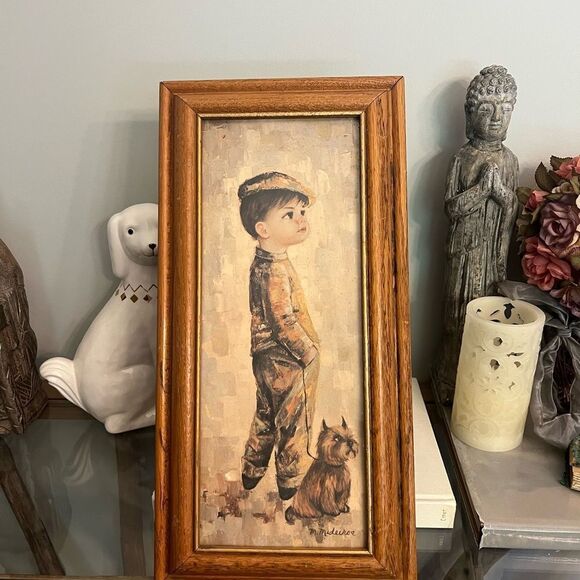 Vintage MCM M.Medeiros 60’s Framed Boy and Dog Painting Print - Picture 1 of 7